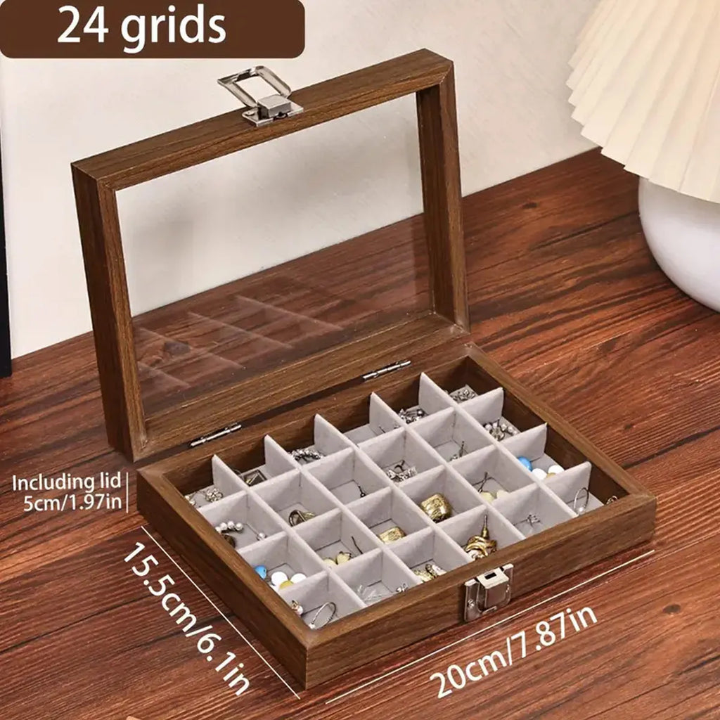 1pc,Vintage jewelry storage box, covered jewelry box, ring box, earrings, bracelets, necklaces solid wood display box Oasis Select 24 grids