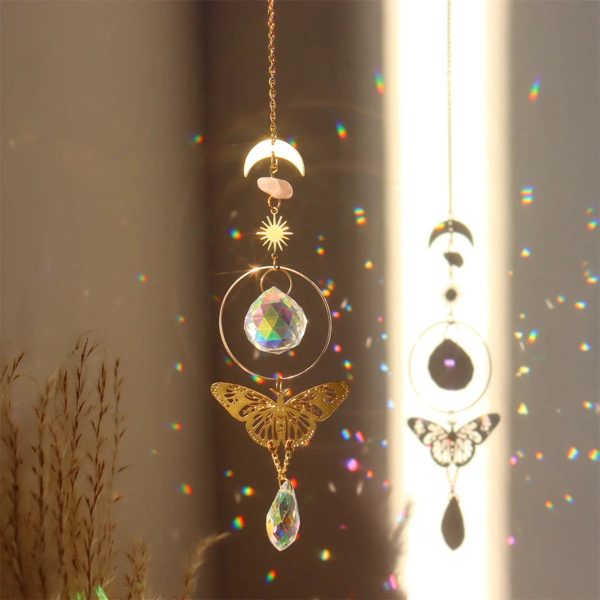 Brass Butterfly Moth Crystal Sun Catcher Pink Crystal Rough Window Room Garden Decor Hanging Ornament New Oasis Select 4