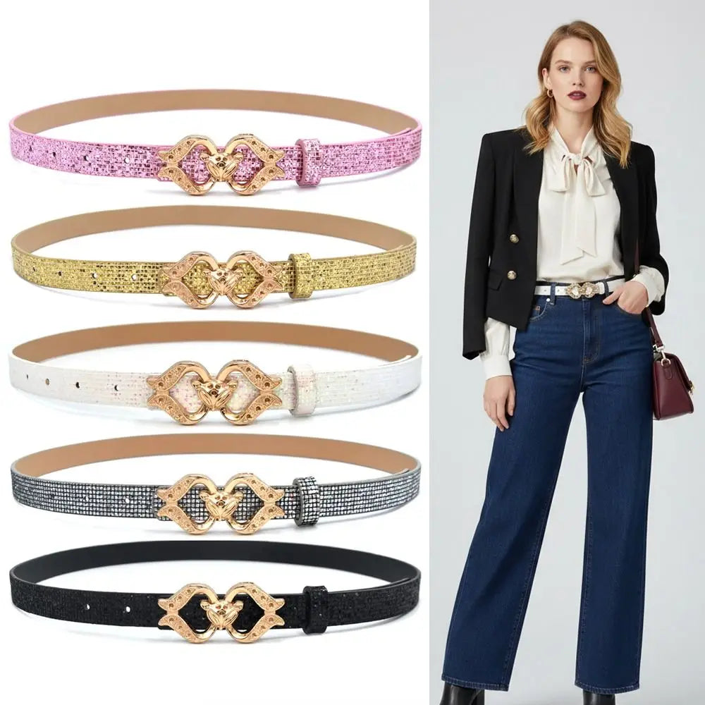 Fashion Bling Bling Sparkling Rhinestone Belt Glitter Luxury Brand Design Fox Buckle Belt Versatile PU Leather Belt Women Oasis Select
