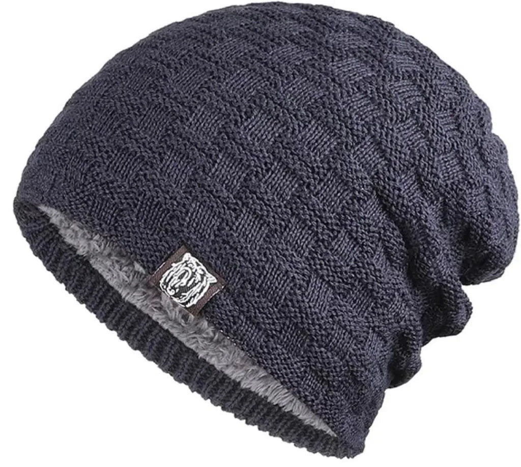 Mens Plush Lining Beanie Winter Hat Outdoor Sports Keep Warm Knitted Skully Hat Cycling Camping Cap Cold Weather Gear Oasis Select Navy blue