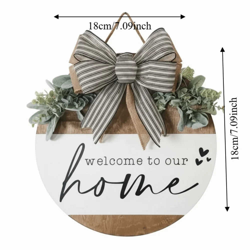 Creative 2D Flat Welcome Sign Wooden Bow Knot Hanging Decoration Flower Round Shape Wall Art Porch Decor Oasis Select