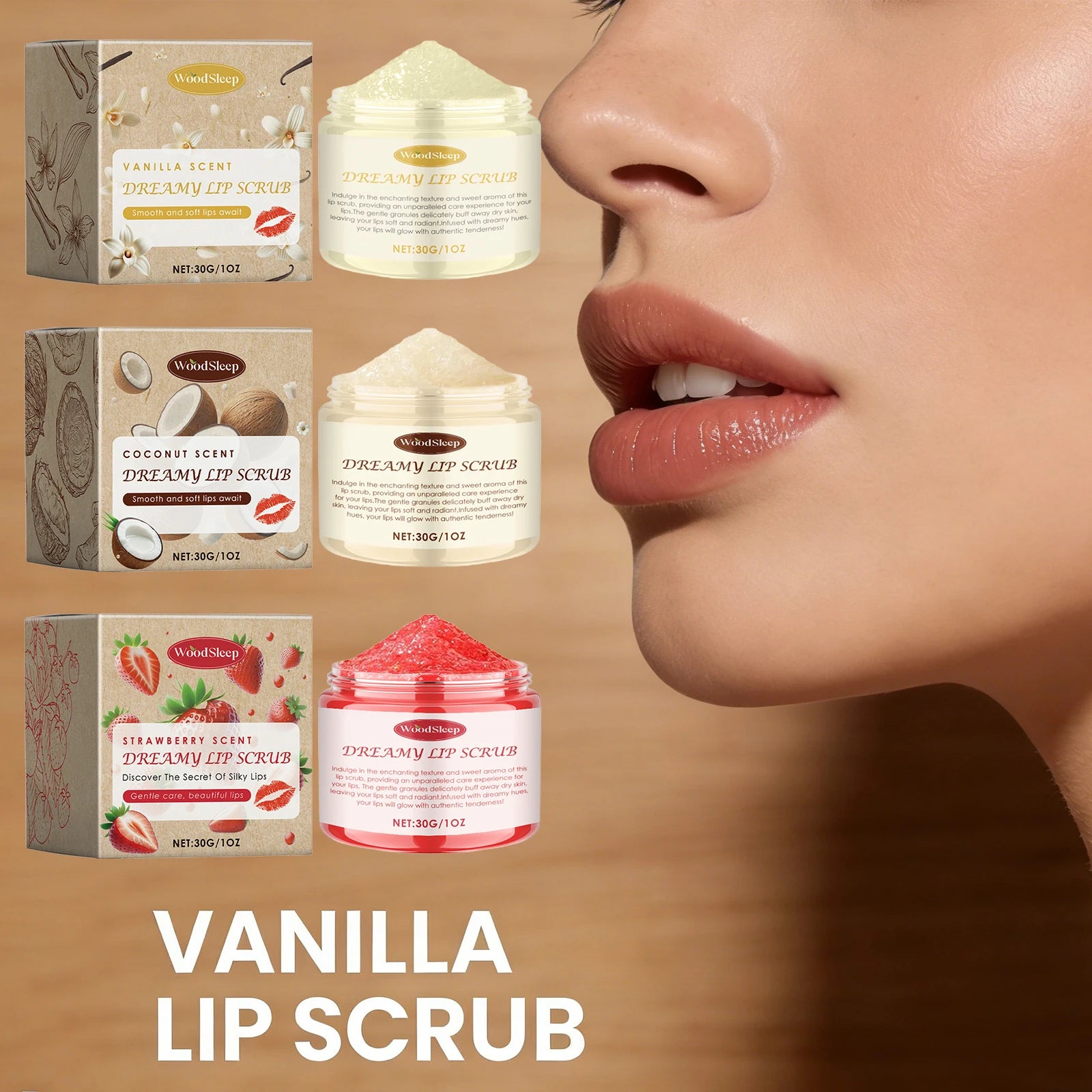 WOODSLEEP Coconut Vanilla Lip Scrub – Exfoliate & Moisturize Lip Scrub Oasis Select