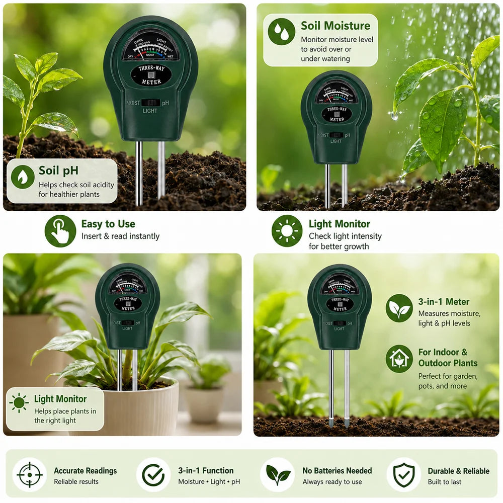 3-in-1 Soil Tester PH Moisture Light Meter Plant Water Sensor Gardening Tool for Indoor Outdoor Garden Farm Flowers Battery Free Oasis Select
