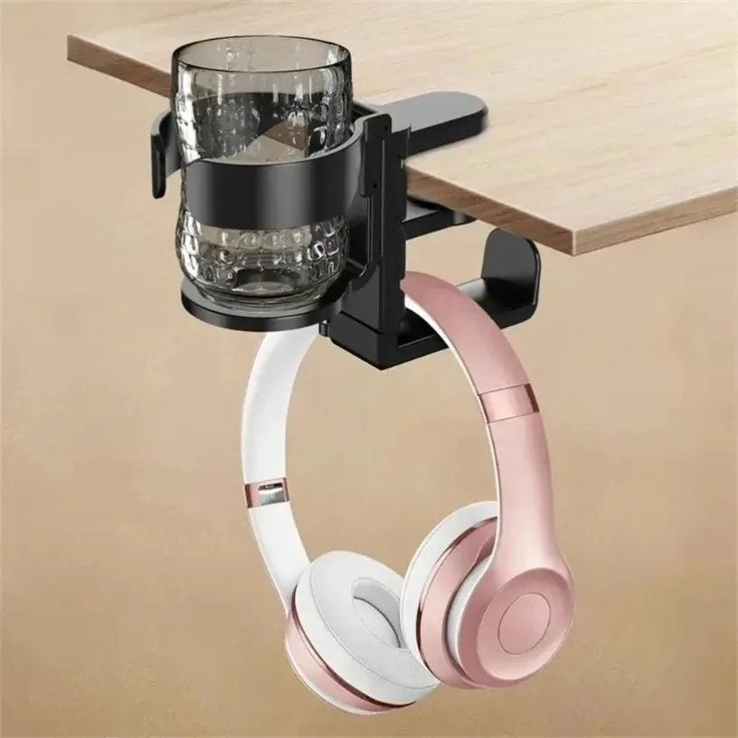 2 IN 1 Slip Cup On Headphone Holder Desk Cup Holder Adjustable Non For Desk Office Supplies Workspace Under Desk Clamp Oasis Select