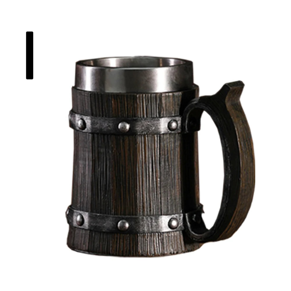 Wooden Barrel Beer Cup Stainless Steel Coffee Mug Viking Style Vintage Beer Mug Double Wall Drinking Cup Halloween Bar Drinkware Oasis Select I 600ml