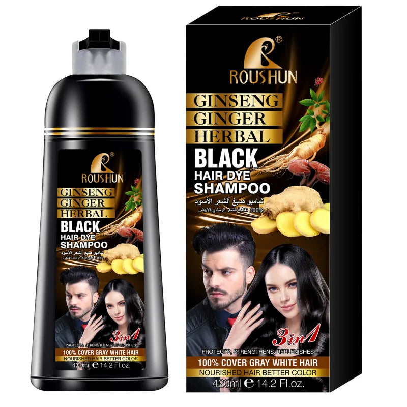 ROUSHUN Black Hair Dye Shampoo 420ml – Ginseng & Ginger 3-in-1
