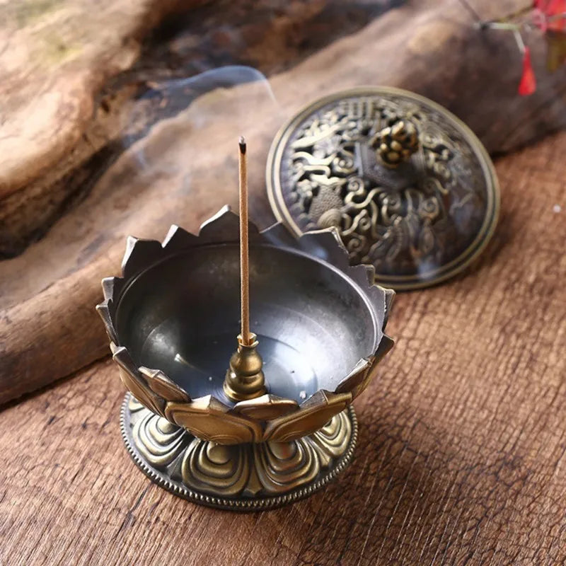 Vintage Copper Lotus Incense Burner Eight Treasures Zinc Alloy Aromatherapy Burner Sandalwood Incense Stove Oasis Select