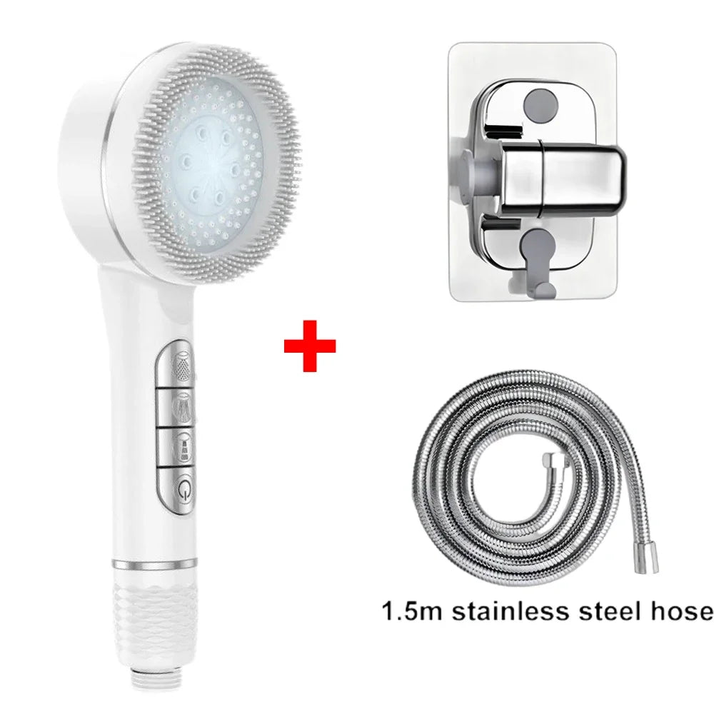 4 Modes Self-cleaning Shower Head with Silicone Brush One-Key Stop Water Massage High Pressure ABS Showerhead with Filter Oasis Select White Set