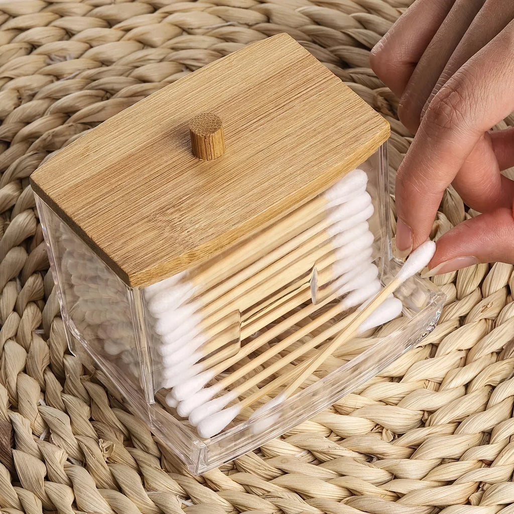 Cotton Swab Box - Transparent Bamboo Cover Dustproof Cotton Swab Toothpick Storage Box Multi-Purpose Visible Dispenser Oasis Select