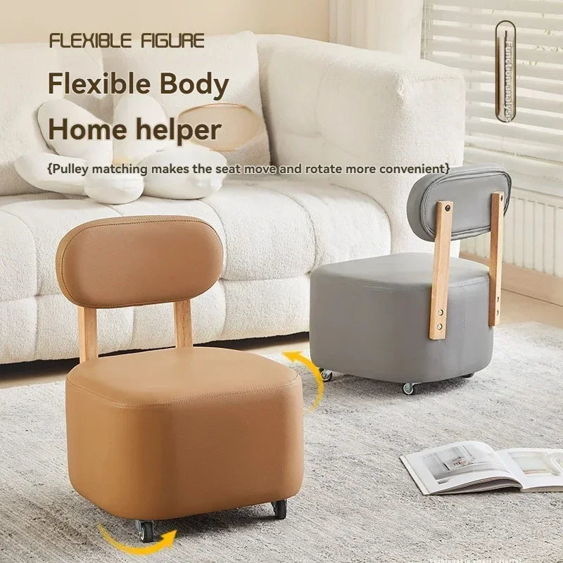 Small stool, household low stool, universal wheel, solid wood small chair, pulley, movable sliding chair, wooden backrest, squar Oasis Select