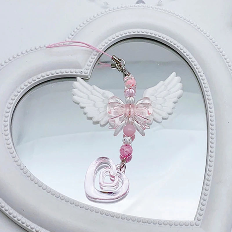 Bowknot Phone Chain Angel Wing Pendant Keychain Sweet Cool Key Phone Lanyard Acrylic Keyring Bag Ornament Oasis Select