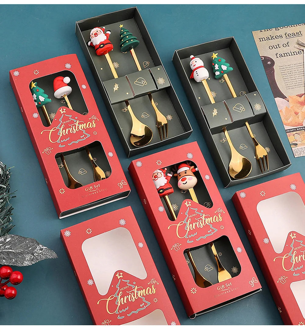 Christmas Spoon Set Santa Doll Cutlery Set Cute Dessert Spoons Holiday Tableware Two Piece Set for Christmas Gift Decoration Oasis Select
