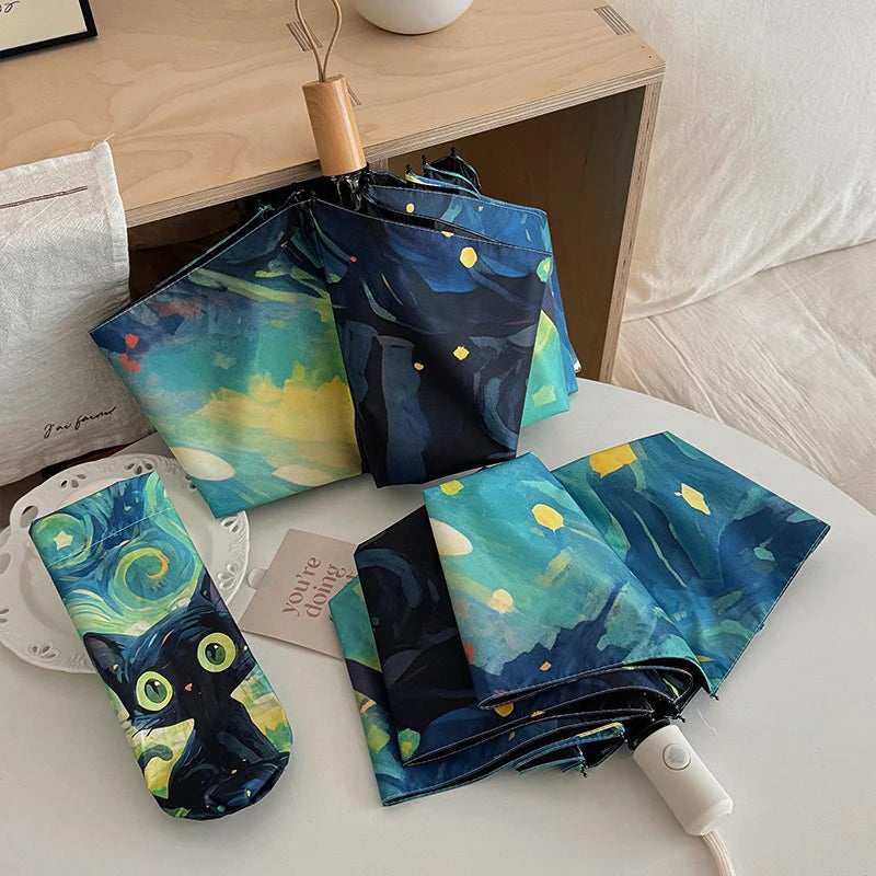 Green Folding Umbrella Cartoon Cat Professional Sun Protection and UV Protection Umbrella Suitable for Sunny and Rainy Days. Oasis Select