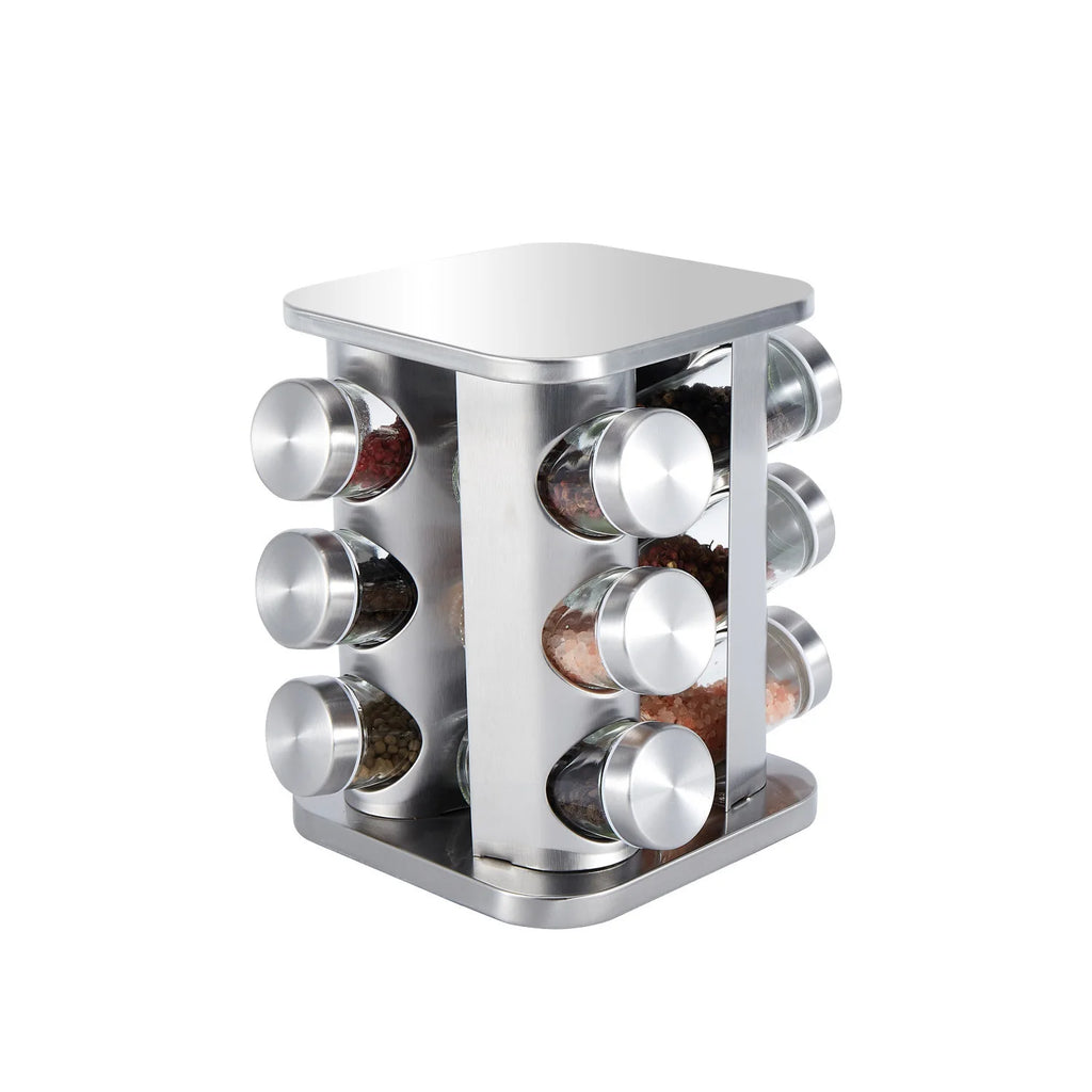360-Degree Rotating Stainless Steel Spice Rack, Spice Jars, Multi-Compartment Spice Rack, Kitchen Storage Oasis Select Silver 12 heads