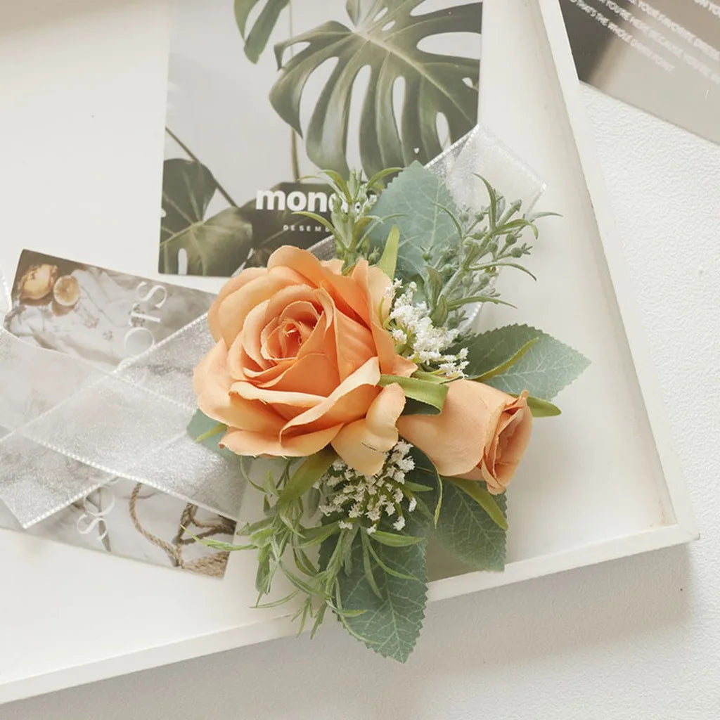 Wedding Artifical Flowers Silk Rose Boutonniere Ribbion Wrist Corsage Botonier Para Novio Boda Oasis Select Warm Orange-1-Wrist