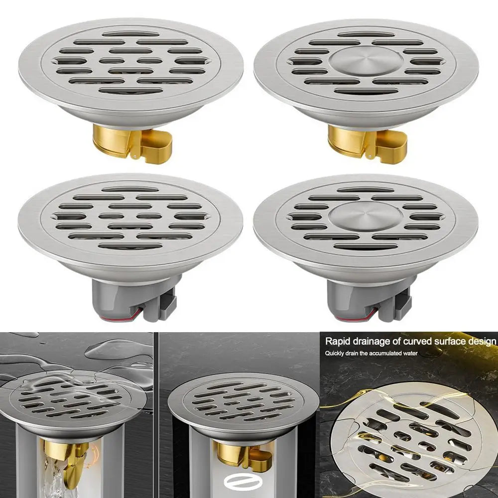 With Grid Grate Cover Shower Floor Drain 304 Stainless Steel Round Sink Strainer Anti-odor Backflow Preventer Sewer Drain Filter Oasis Select