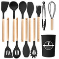 12Pcs Silicone Utensils Set Non-Stick Cookware Spatula Shovel Egg Beaters Wooden Handle Kitchenware Home Kitchen Cooking Tools Oasis Select Black 12Pcs