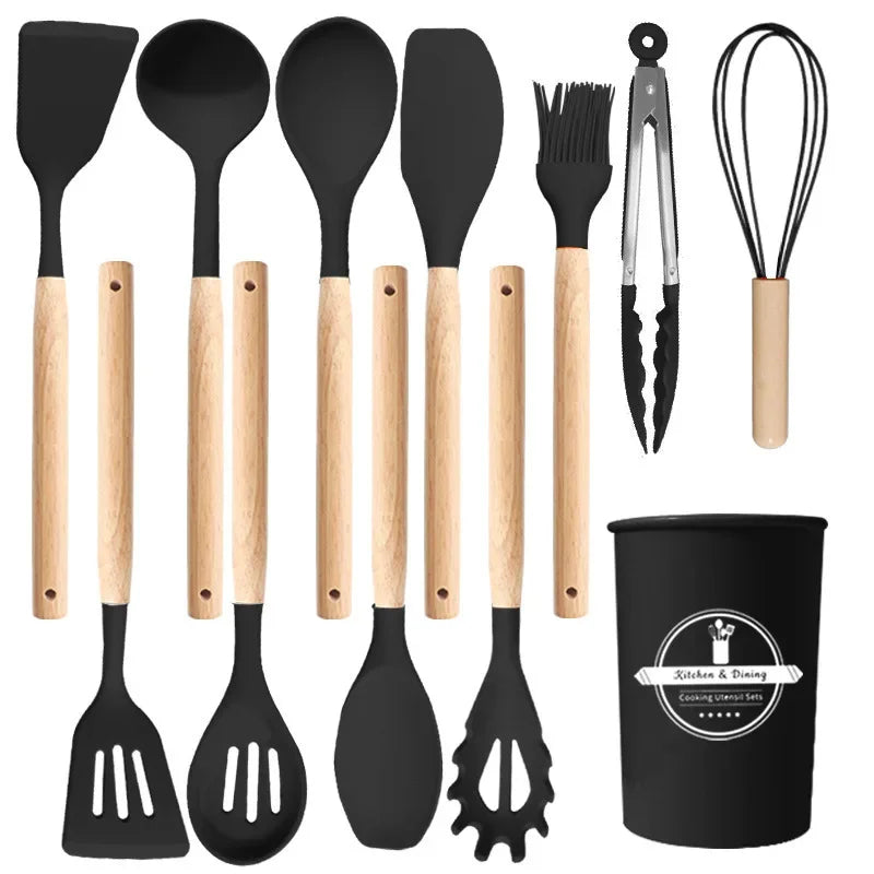 12Pcs Silicone Utensils Set Non-Stick Cookware Spatula Shovel Egg Beaters Wooden Handle Kitchenware Home Kitchen Cooking Tools Oasis Select Black 12Pcs