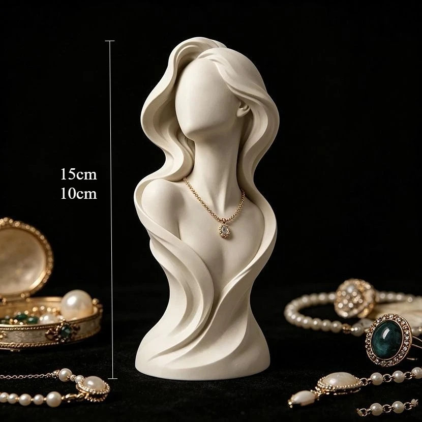 Elegant Wavy Hair Female Bust Statue Jewelry Holders Desk Ornaments Minimalist Necklace Display Mannequin Home Decorations Gifts Oasis Select