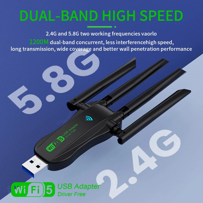Dual Band 1200Mbps WiFi USB Adapter 2.4G/5.8Ghz Wi-Fi5 Dongle 4 Antenna USB3.0 Wireless Receiver For PC/Laptop No CD Driver Free Oasis Select