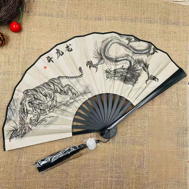 Chinese Style Folding Fan Classical Dancing Cloth Fan Vintage Plastic Animal Dragon Printing Hand Held Fans Photo Props Cosplay Oasis Select Style 6