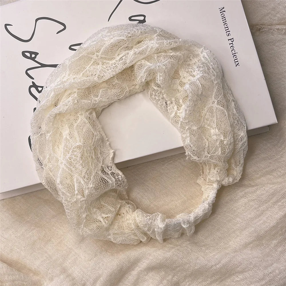 Spring Summer Mesh Lace Headband Hollow-out Breathable Elastic Hair Wrap Lightweight Styling Hair Accessories for Women Oasis Select Beige