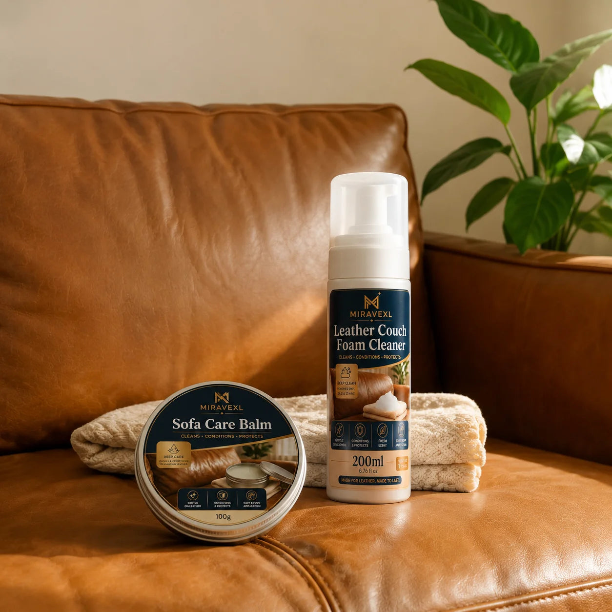 MIRAVEXL Leather Couch Foam Cleaner & Sofa Care Balm Kit with Sponge, Deep Clean,Condition and Protect Leather Seats for Home 2 Oasis Select