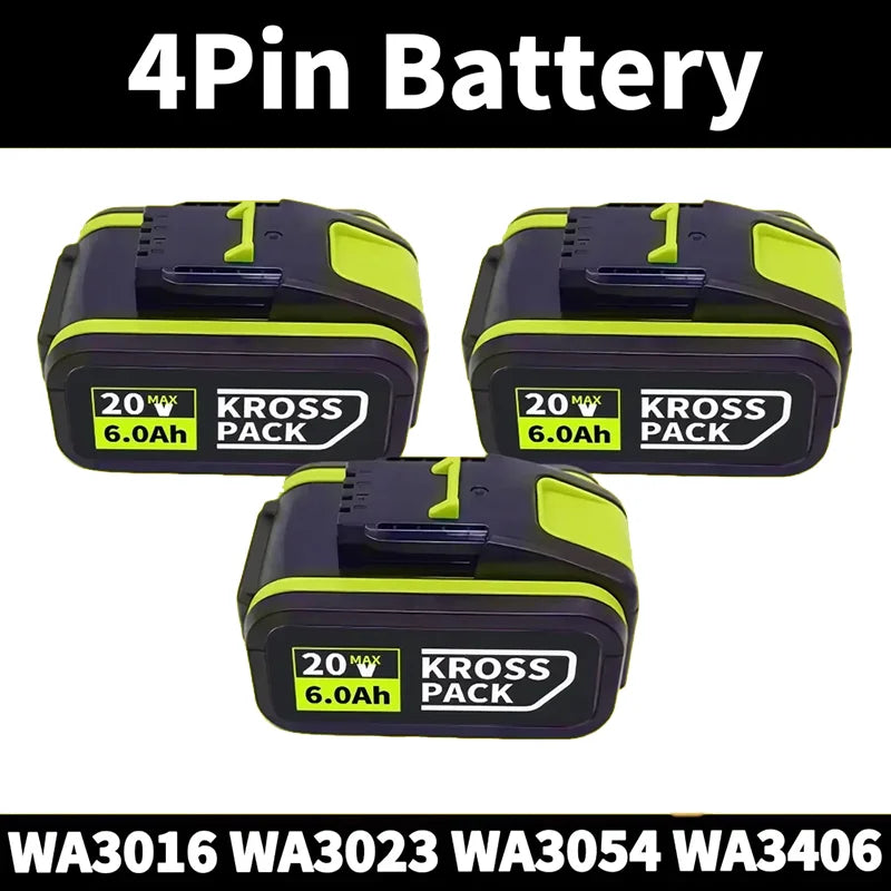 WORX 20V High-Capacity Li-Ion Rechargeable Battery 6.0Ah/8.0Ah Compatible with WA3551 WA3551.1 WA3553 WA3641 WX373 WX390 Tools Oasis Select B-4Pin-6.0Ah (3pcs)