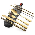 8Pcs/set Tableware Reusable Travel Cutlery Set Camp Utensils Set with Stainless Steel Spoon Fork Chopsticks Straw Portable Case Oasis Select Gold
