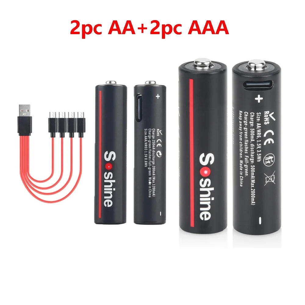 Soshine USB Lithium 600mWh 1.5V AAA Battery and 3500mWh 1.5V AA Rechargeable Batteries Li-ion AA and AAA Rechargeable Batteries Oasis Select 2pc AAA and AA 1.5V