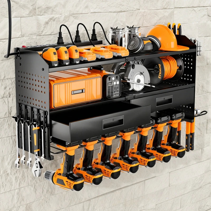 Heavy Duty Power Tool Storage Rack Hole Board Display Storage Rack Garage Wall Mounted Tool Rack with Drawer Oasis Select
