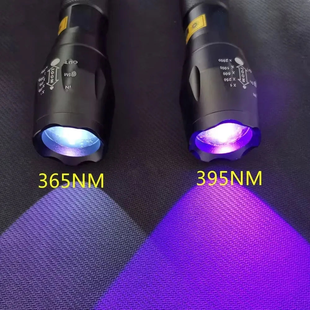 Zoom UV LED Flashlight 365nm 395nm Invisible Ink Marker Cat Dog Urine Tinea Ore Money Scorpion Fluorescence Light Use AAA 18650 Oasis Select