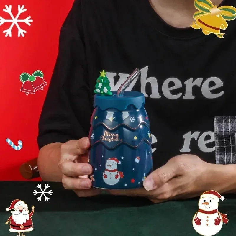 Christmas Creative Elk Snowman Ceramic Cup Creative Christmas Tree Cup with Lid Straw Gift Practical Cartoon Cup Oasis Select