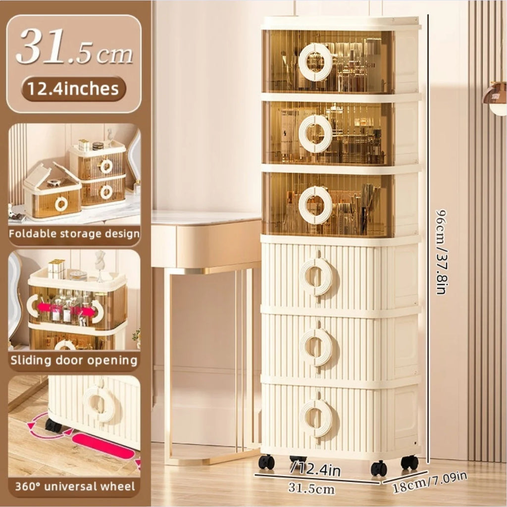 Foldable Makeup Organizer - No Assembly Rolling Cart with Sliding Doors, Large Capacity Space-Saver for Home Storage Oasis Select 6 Tiers Mixed
