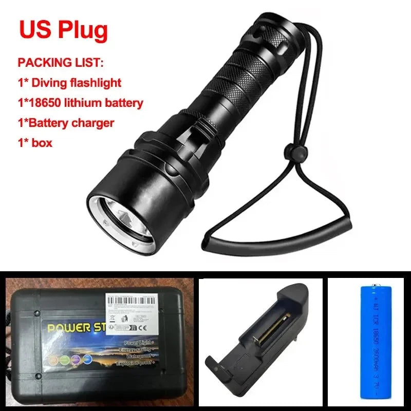 High Power Diving Flashlight IP68 Highest Waterproof Rating Professional Diving Light Powered by 18650 Battery With Hand Rope Oasis Select 8773 US Plug
