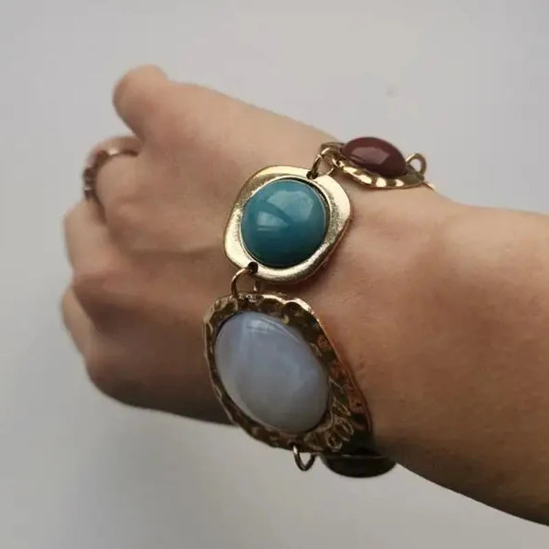 Bohemian Multicolor Resin Stone Charm Bracelet Irregular Stone Bracelet Unique Design Women's Lucky Jewelry （Random Resin Color） Oasis Select