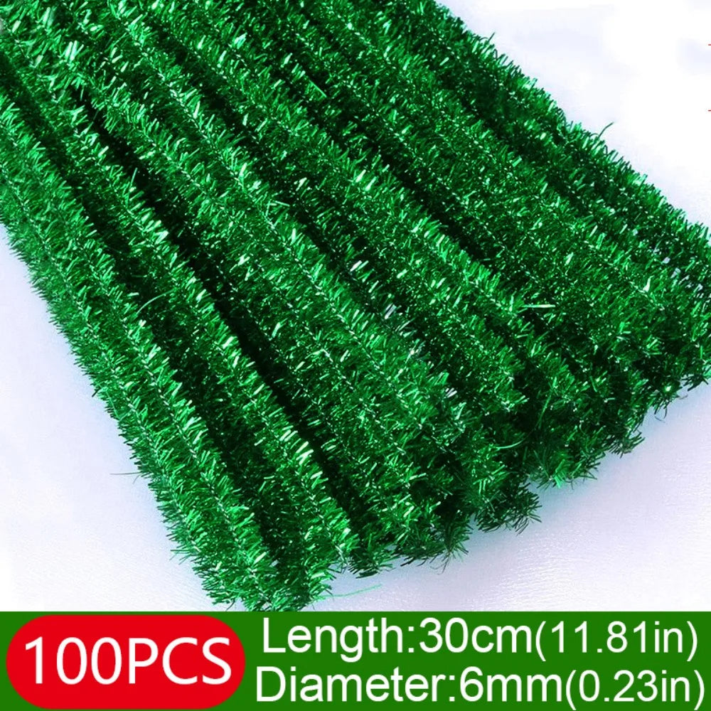 100pcs New 30cm Glitter Chenille Stems Wool Top Christmas DIY Craft Supplies Torsion Bar Tinsel Stems Oasis Select Green