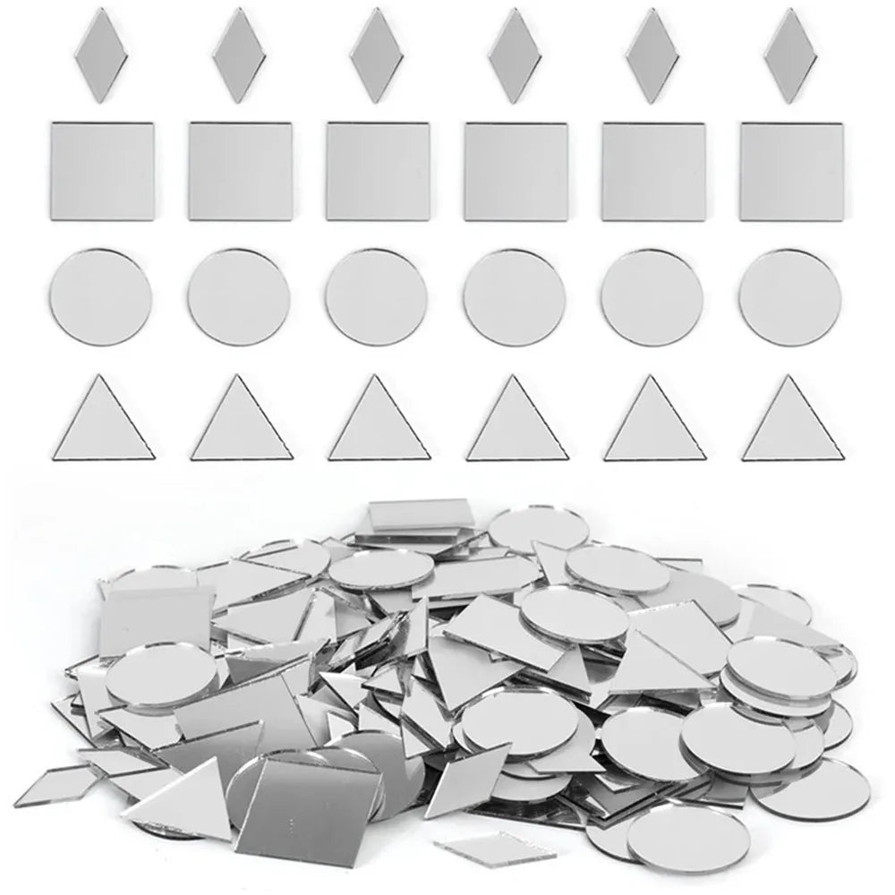 200PCS Multi Shape DIY Craft Mirror Stickers Round Square Triangle Diamond Heart Waterdrop Mirror Tiles Decals Adhesive Backing Oasis Select mixed shape