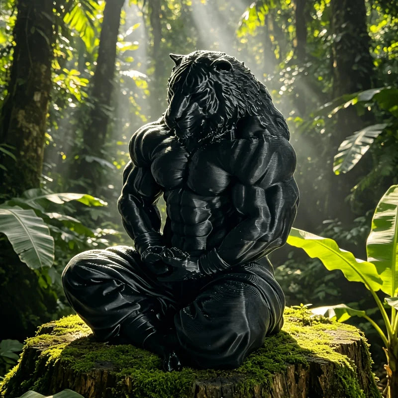 Meditating Tiger Warrior Figurine Muscular Black Anthropomorphic Tiger Sculpture Zen Animal Statue for Home & Office Decor Gift Oasis Select