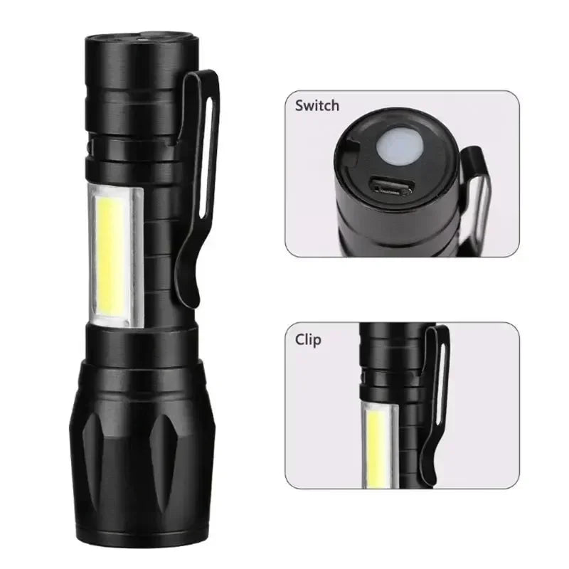 2PCS Mini COB LED Flashlight Rechargeable Zoom Torch Tactical Lamp Outdoor Camping Waterproof Emergency Lantern with Pen Clip Oasis Select