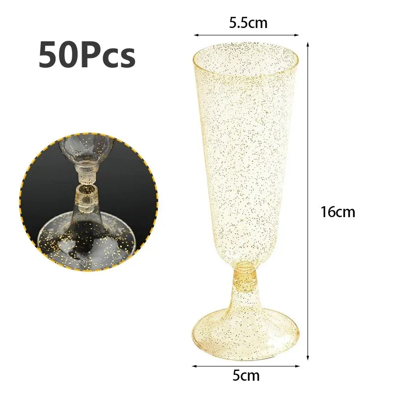 50pcs Champagne Flutes Cups Disposable Plastic Wine Glasses Clear Toasting Glasses Cocktail Cups for Bar Weddings Party Oasis Select Gold-powder-50Pcs 25pcs
