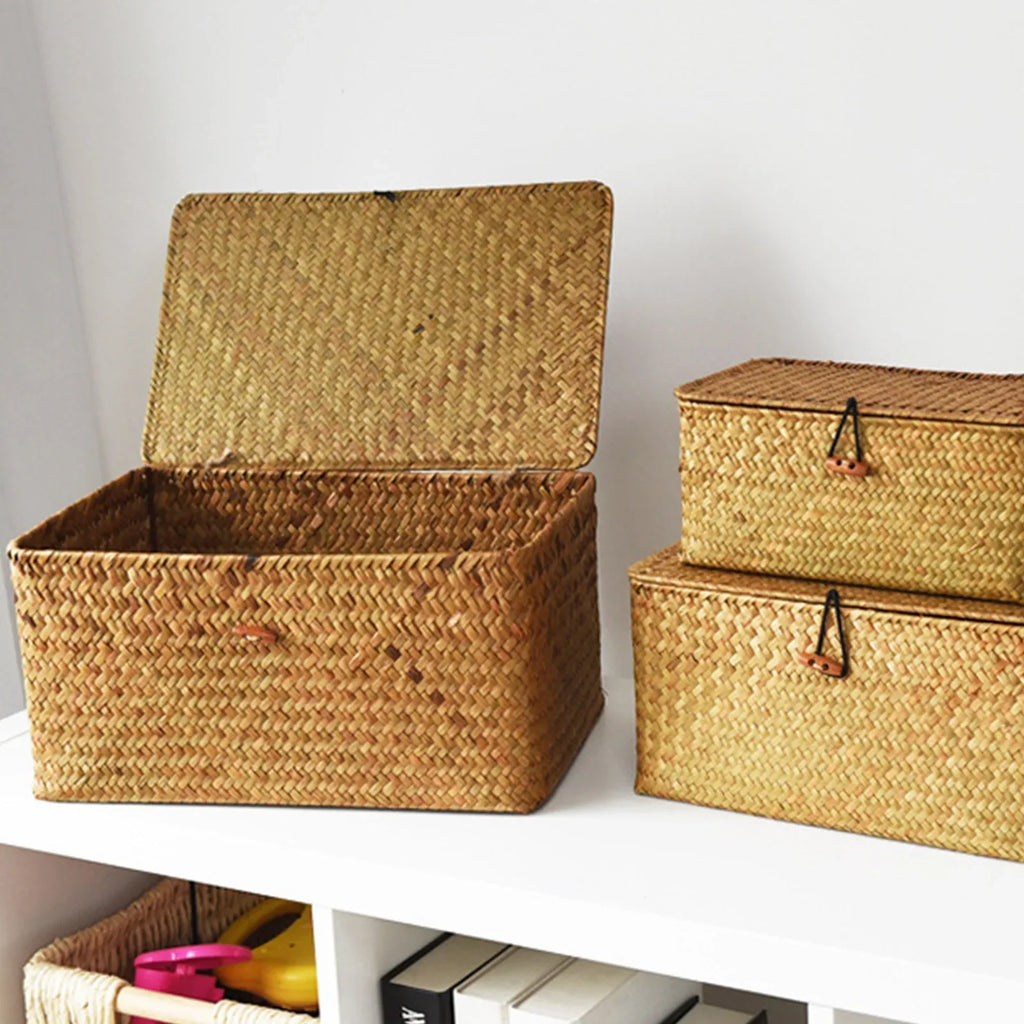 Partitioned Storage Box, Handcrafted Woven Storage Basket, Rectangular Vintage Shelf, for Home Organization Storage Containers Oasis Select