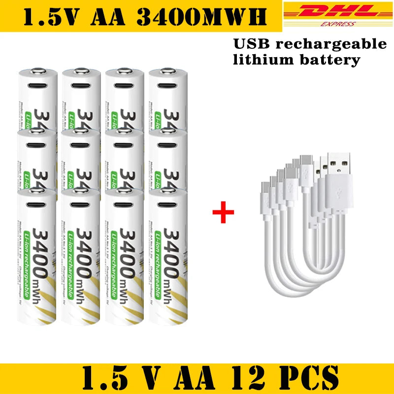 New Li-ion AAA and AA Rechargeable Batteries USB Lithium-ion 3400mWh 1.5V AA Rechargeable Batteries+800mWh 1.5V AAA Battery Oasis Select 1.5V AA 12pcs-Cable