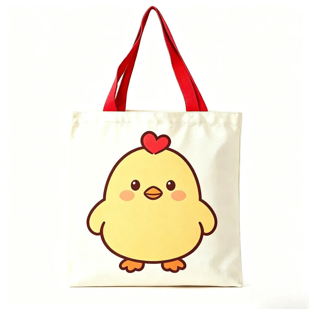 Cute Yellow Chick Red Heart Print Canvas Tote Bag Eco Reusable Shoulder Bag Grocery Daily Shopping Bag Oasis Select Deep red