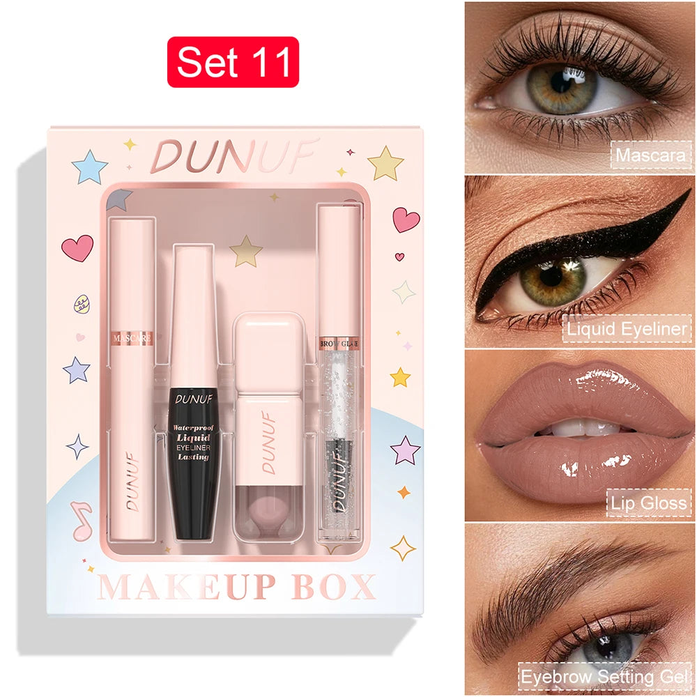 DUNUF 4-in-1 Makeup Gift Set Waterproof Long-Lasting Mascara Liquid Eyeliner Brow Setting Gel Moisturizing Lip Gloss with Mirror Oasis Select 11