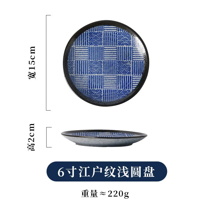 Japanese Blue And White Wave Pattern Tableware Ceramic Dinner Plate Household Flat Plate Sushi Plate Breakfast Plate Oasis Select 6in A