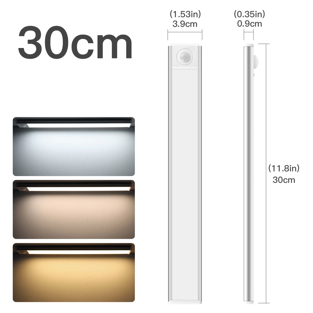 LED Human Body Sensor Light Bar Smart Magnetic Absorption Self-adhesive Night Lamp USB Rechargeable Wardrobe Cabinet Light Strip Oasis Select 30cm 3 Colors Changeable