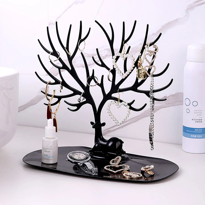 Multi-functional Desktop Jewelry Tree Stand Display Organizer with Tray for Earrings Necklaces Rings Jewelry Storage Box Decor Oasis Select Black