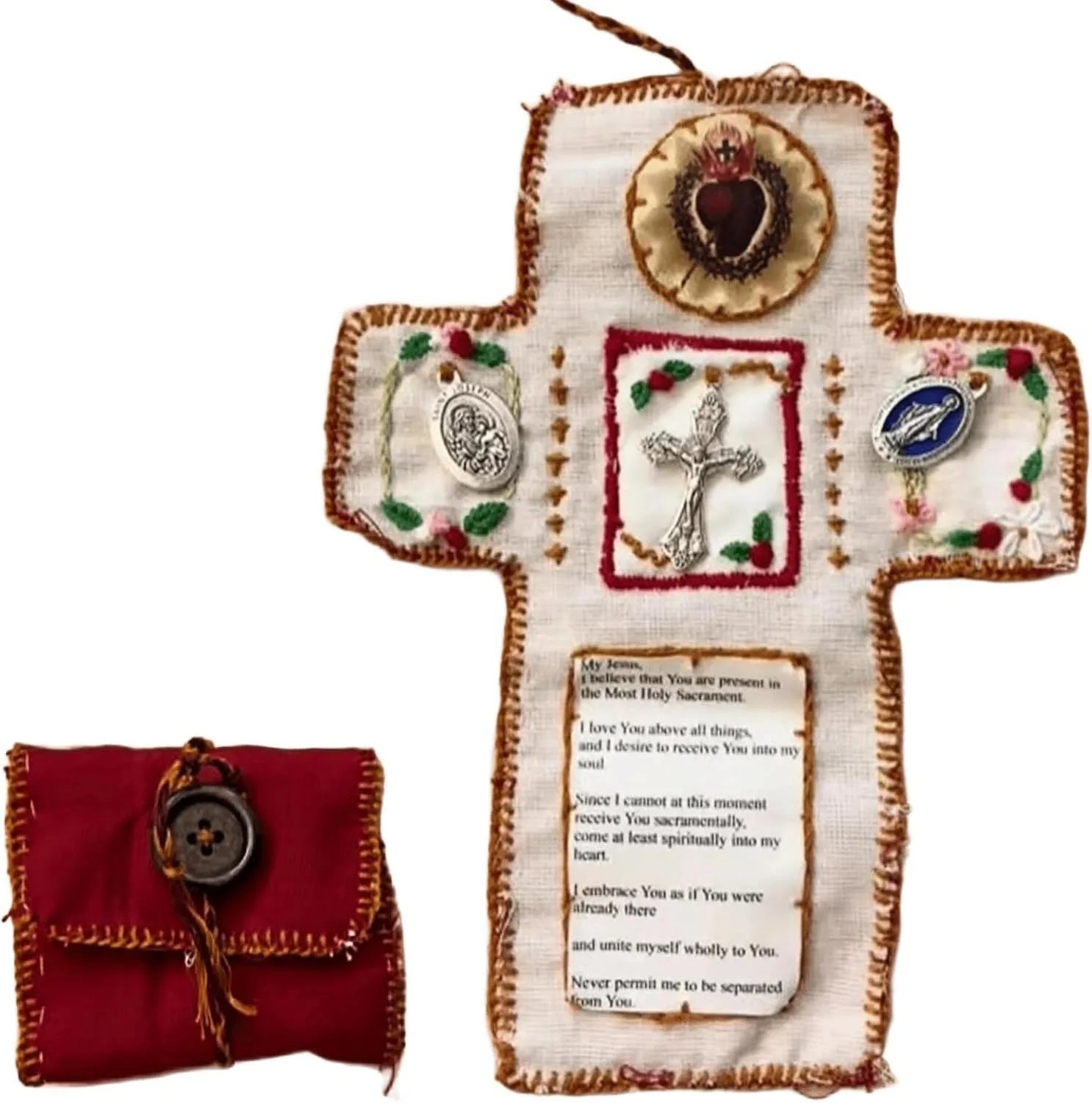 Cross Knit Prayer Pocket Shrine with Silver Cross Inside Christian Holy Storage Bag Home Decoration Faith Based Gift Oasis Select red 23X 9cm