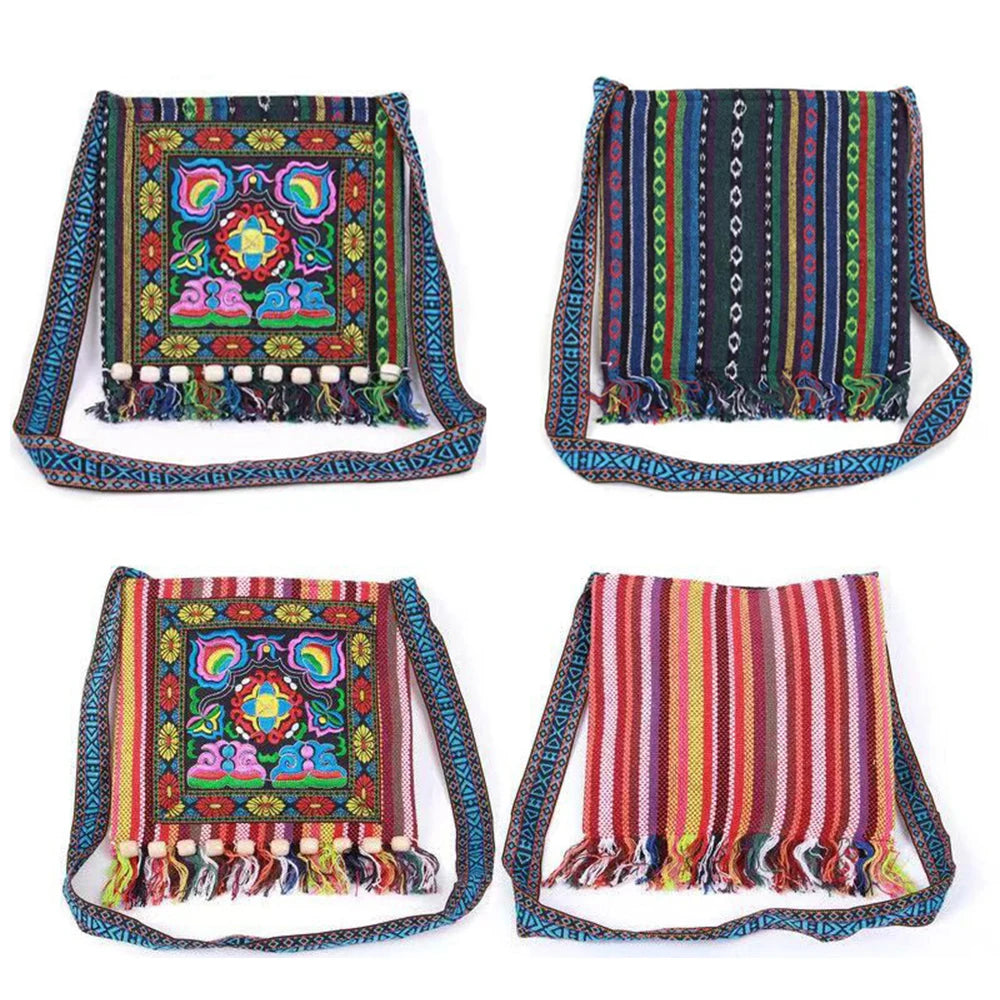Ethnic Embroidered Linen Crossbody Bag | Tassel Bead Shoulder